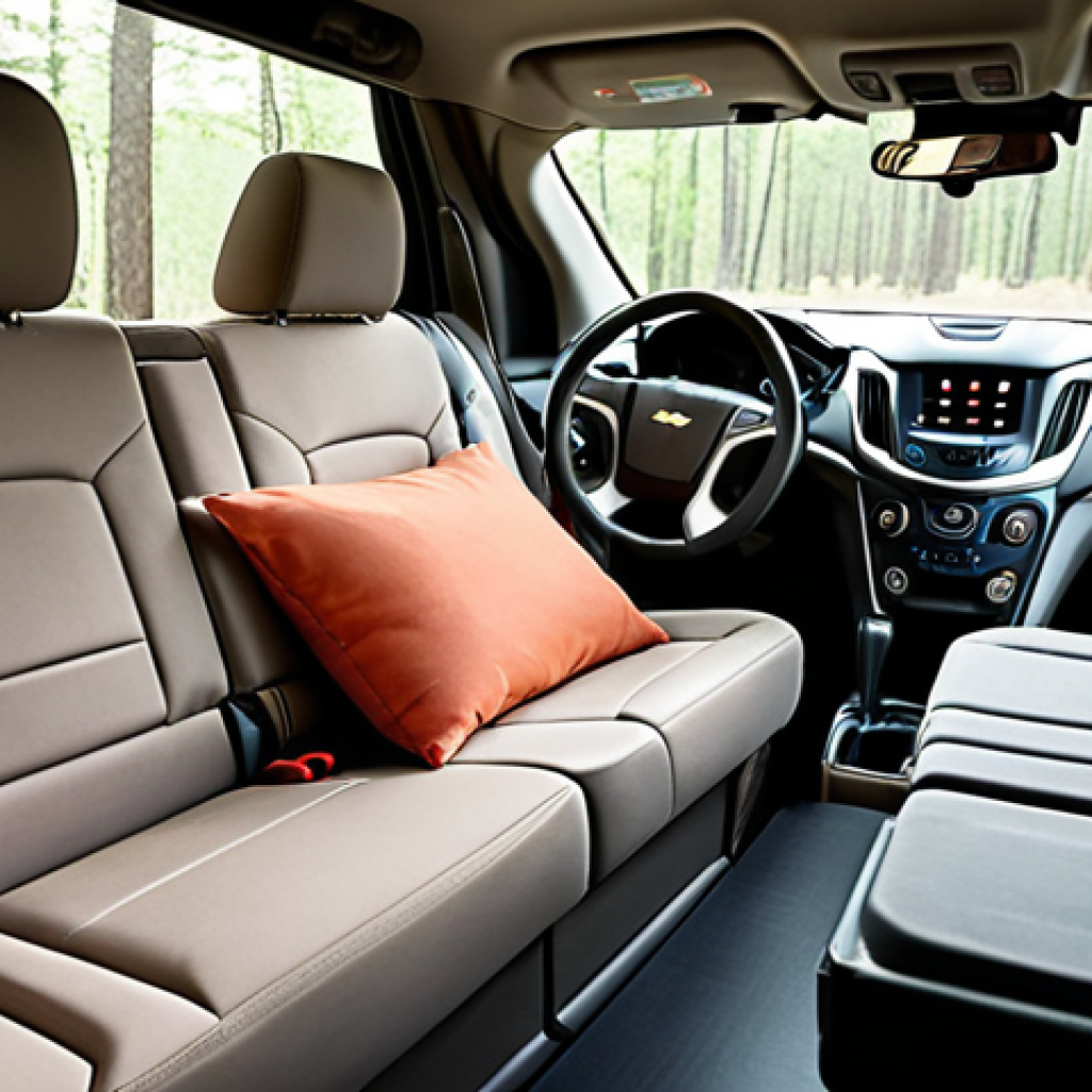 **Interior of a Chevrolet Traverse configured for sleeping:** Focus on maximizing space and comfort. Show folded-down seats, an air mattress or sleeping pad, organized storage containers, and window coverings for privacy. The overall feeling should be cozy and inviting for car camping.