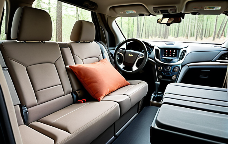 **Interior of a Chevrolet Traverse configured for sleeping:** Focus on maximizing space and comfort. Show folded-down seats, an air mattress or sleeping pad, organized storage containers, and window coverings for privacy. The overall feeling should be cozy and inviting for car camping.